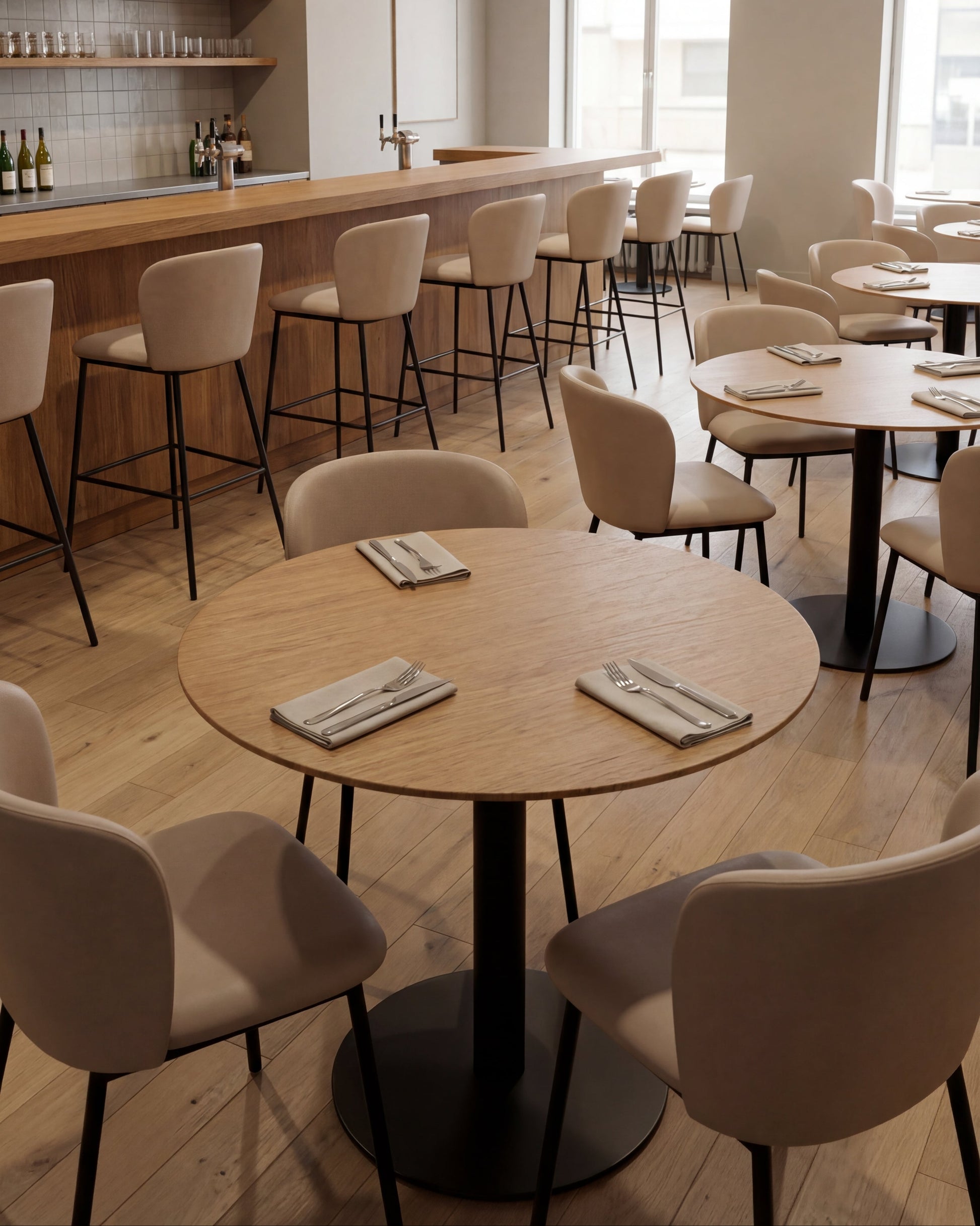 Round dining table with wooden top and metal base | Uma Furniture