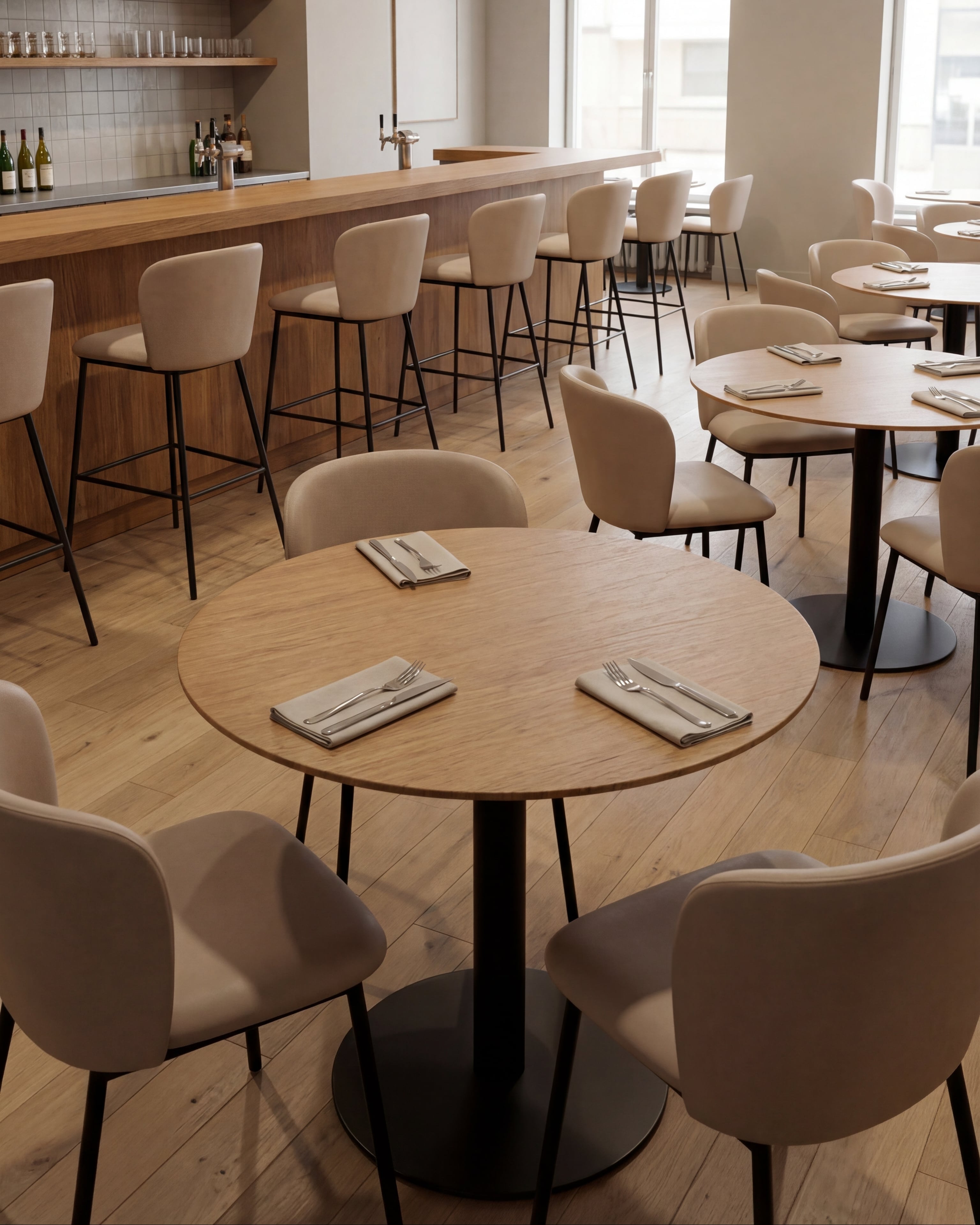 Round dining table with wooden top and metal base | Uma Furniture