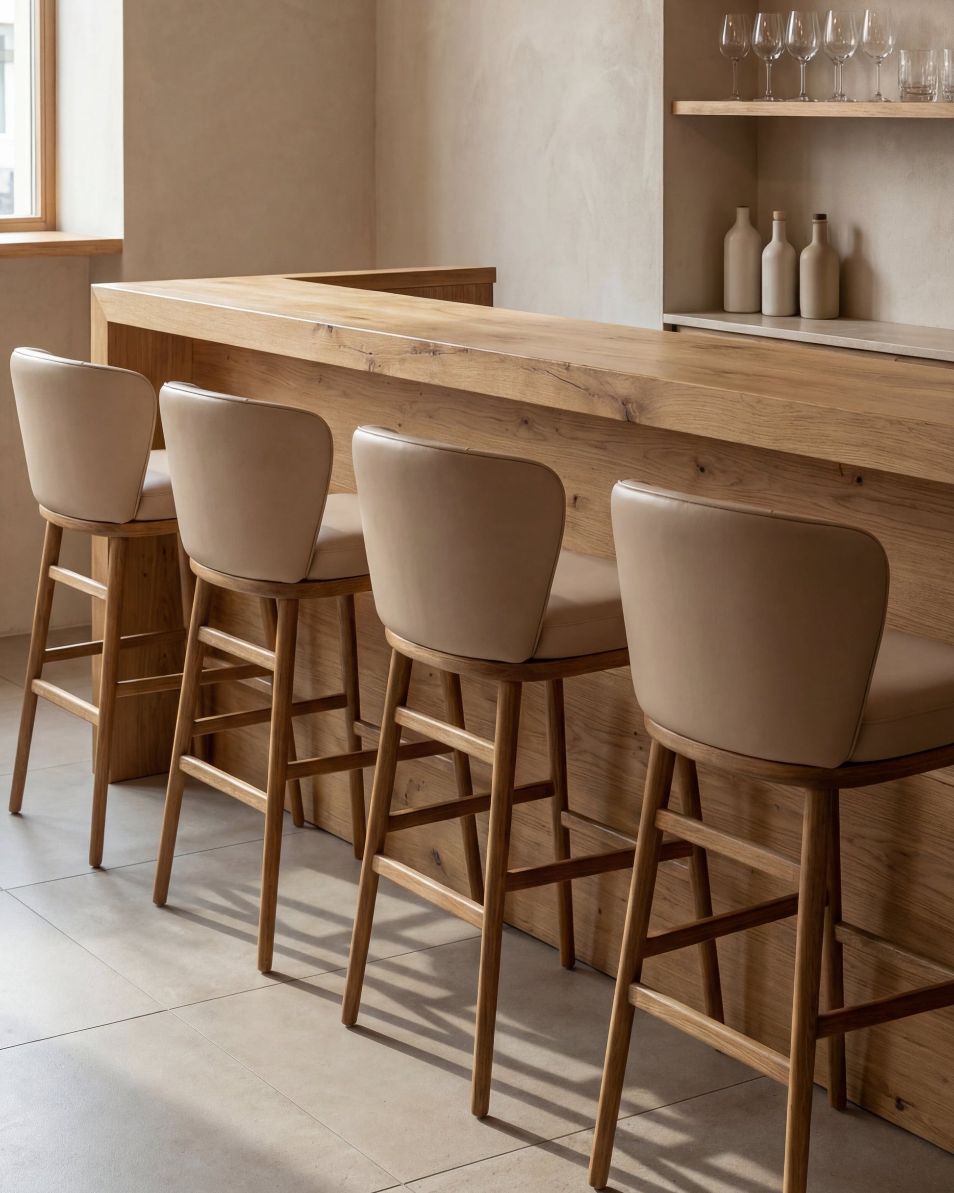 Upholstered stool with wooden base for interiors for hospitality | Uma Furniture
