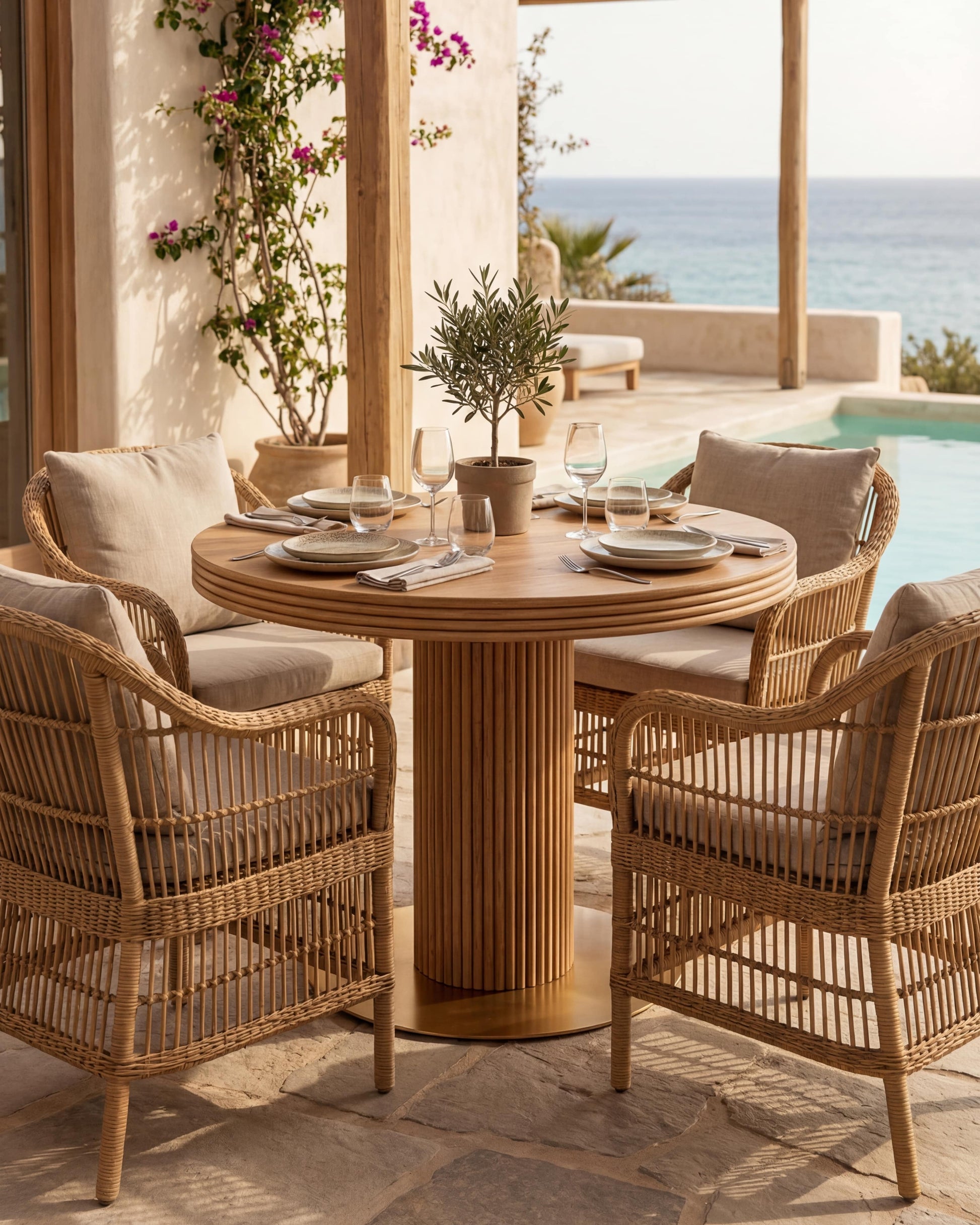 Wood and Rattan Round Dining Table | Uma Furniture